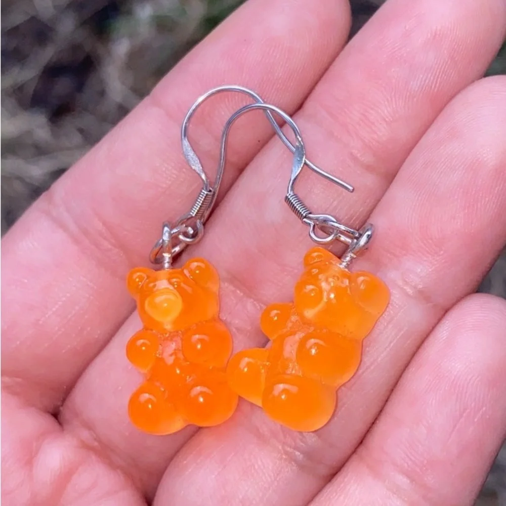 New Handmade Transparent Orange Sterling Silver Resin Gummy Bear Earrings